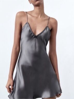 Zara Charcoal Satin V-Neck Slip